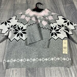 No Boundaries Gray and Pink Patterned Women's Sweater w/ Hat; Small